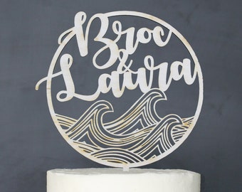 Personalized Modern Rustic Waves Beach Wedding Cake Topper | Custom Name