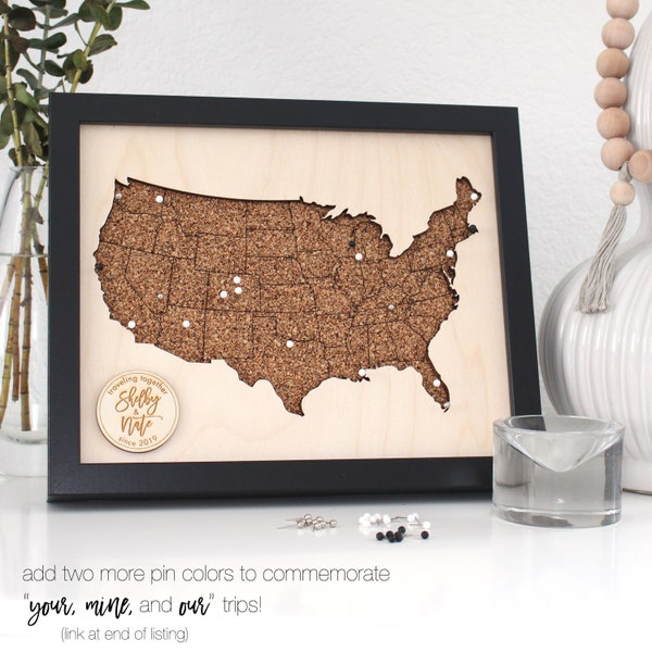 Personalized 8"x10" Push Pin Framed Wood United States Travel Map | Father's Day | 5th Anniversary | Custom Engraved Wooden US Wedding Gift