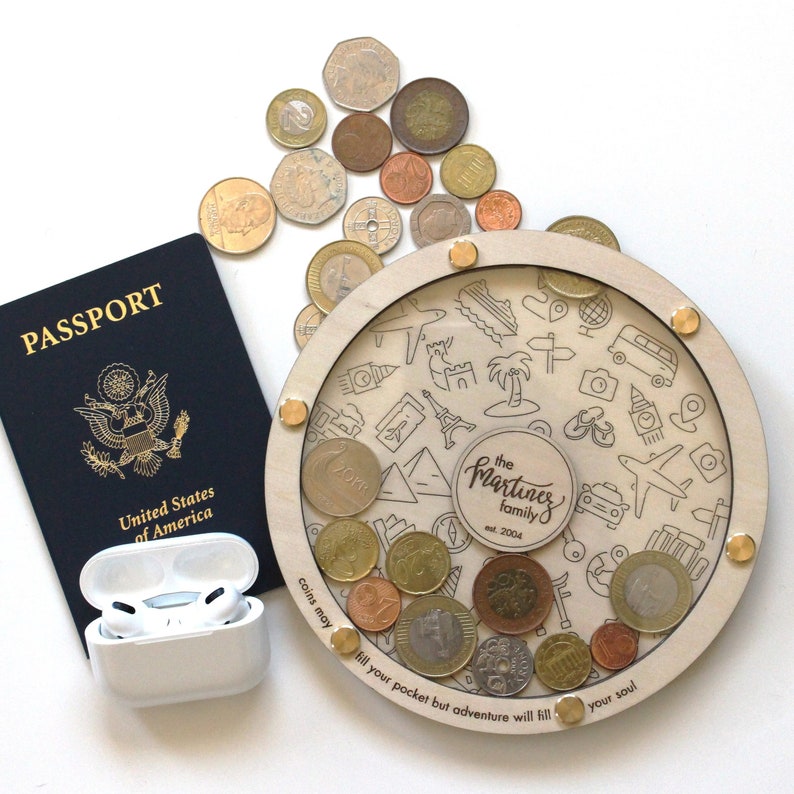 Personalized Coin Holder Travel Gift Travel Money Holder 5th Anniversary Custom Engraved Gifts for Travelers International Travel SMALL 6.75" dia