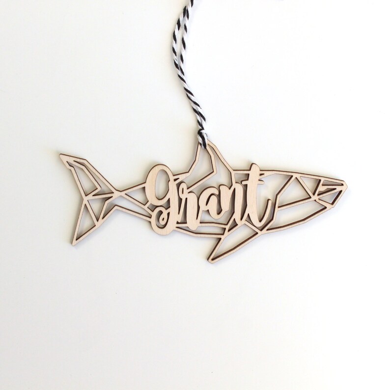 Modern Geometric Great White Shark Meg Megladon Baby Shark Animal Christmas Ornament Gift Stocking Tag \u2013 Personalized