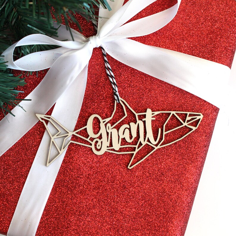 Modern Geometric Great White Shark Meg Megladon Baby Shark Animal Christmas Ornament Gift Stocking Tag \u2013 Personalized