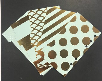 Divisores de planificador - Planificador personal o planificador de bolsillo / Verde menta y lámina de oro