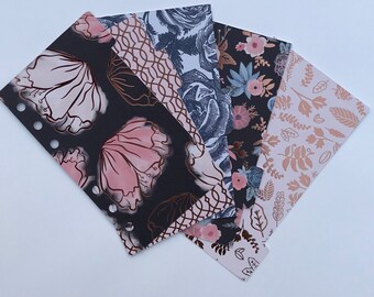 Equipo planificador o divisores de bolsillo conjunto de 5 / oro rosa medianoche floral / DOBLE SIDED