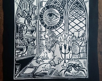 Toppa da cucire sulla schiena ~ Disegno arcano medievale in legno di SCIENTIA ~ Moda punk, cotone leggero stampato a mano ~ Versioni bianche o dorate