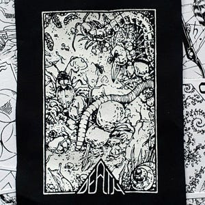 Sew-on Patch ~ DEATH TAROT ~ Punk fashion, Hand printed lightweight cotton ~ Black or Red fabric