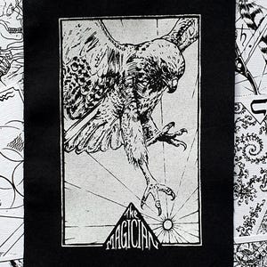 Sew-on Patch ~ The MAGICIAN TAROT  ~ Punk fashion, Hand printed lightweight cotton ~ White or Gold