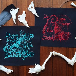 Sew-on Patch ~ BECKONING or SINISTER Bell from Bloodborne ~ Punk fashion, Hand printed lightweight cotton ~ Red or Blue
