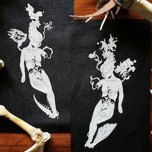 Sew-on Patches ~ DEMON TWINS (white or red) ~ Punk fashion, Hand printed lightweight cotton