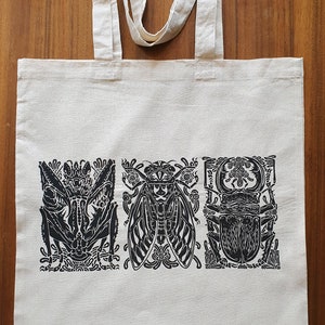 Heavy-weight canvas Tote-Bag ~ hand-printed with MANTIS CICADA STAG beetle