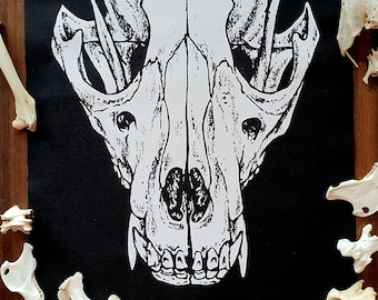 Sew-on Back-Patch ~ RACCOON SKULL ~ Punk fashion, Hand printed lightweight cotton ~ White, Gold or Red