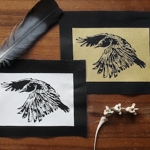 Sew-on Patch ~ CROW lino-cut print ~ Punk fashion, Hand printed lightweight cotton ~ White or Gold