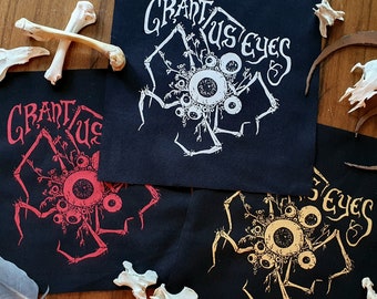 Sew-on Patch ~ GRANT US EYES Bloodbourne ~ Punk fashion, Hand printed lightweight cotton ~ White, Gold or Red