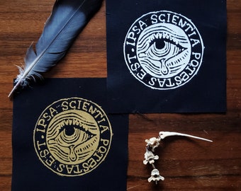Sew-on Patch ~ KNOWLEDGE is POWER &quot;Ipsa scientia potestas est&quot;~ Punk fashion, Hand printed lightweight cotton ~ White or Gold