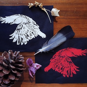 Sew-on Patch ~ ALBINO CROW lino-cut print ~ Punk fashion, Hand printed lightweight cotton ~ White, Red or Gold