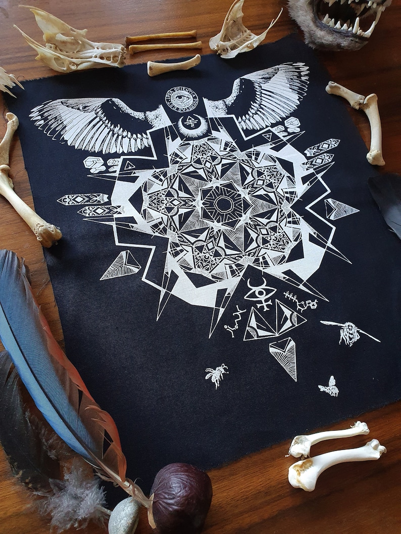 Back-Patch sew-on KINGFISHER MANDALA: White or Red psychedelic,satanic,mandala,bird wings,feathers,techno,occult,raver,alternative,stoner image 5