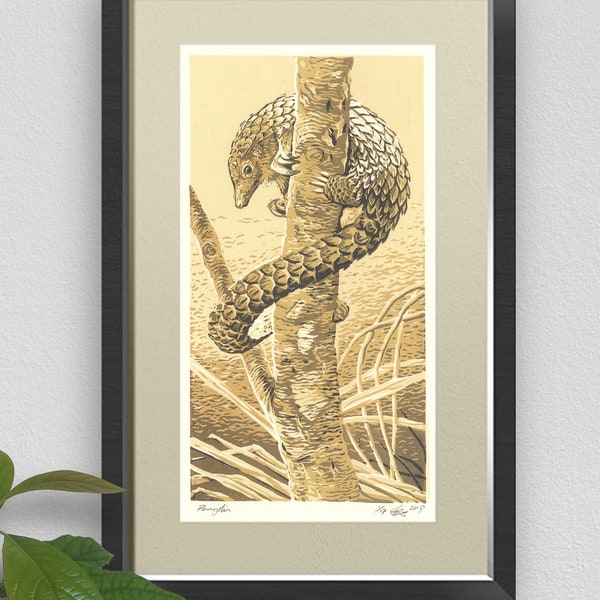 PANGOLIN : Original Lino cut signed limited edition~ Wildlife art,Natural mood,Endangered animals,Nature decor,Art print,Cottage decor,Wild