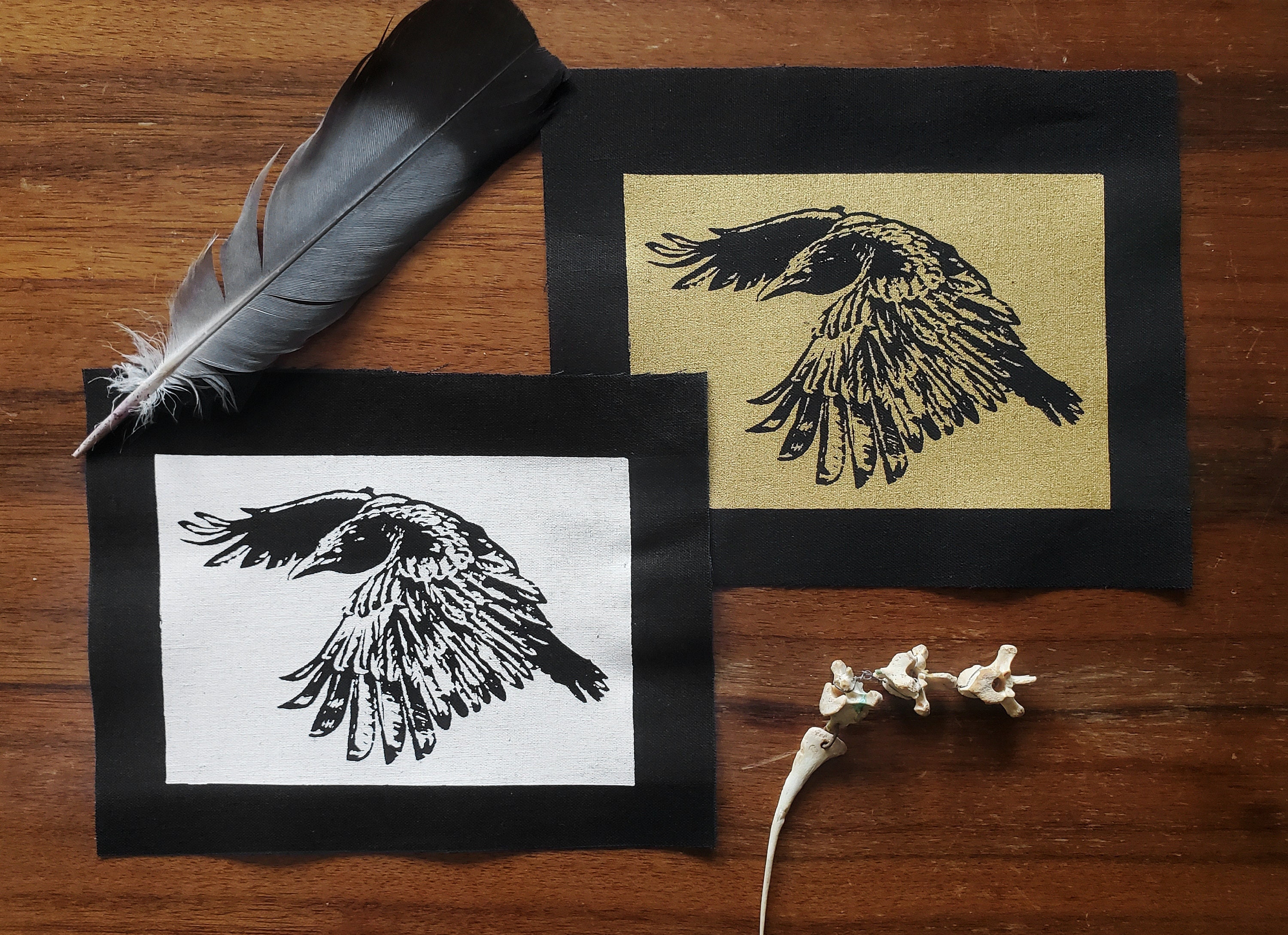 Sew-on Patch ~ CROW lino-cut print ~ Punk fashion, Hand printed lightweight cotton ~ White or Gold