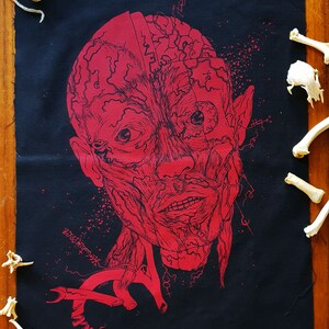 May include: Red anatomical illustration of a human face printed on black fabric. The face is detailed with muscles and veins. The fabric is surrounded by white bones.