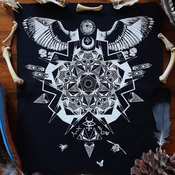 Back-Patch sew-on KINGFISHER MANDALA: White or Red ~psychedelic,satanic,mandala,bird wings,feathers,techno,occult,raver,alternative,stoner