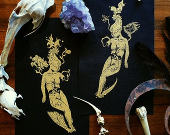 Opnaaibare patch ~ DEMON TWINS (goud) ~ Punkmode, handbedrukt lichtgewicht katoen
