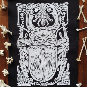 Sew-on Patch ~ STAG Beetle GUARDIAN ~ Punk fashion, Hand printed lightweight cotton ~ Black, Red, White