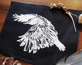 Crow flying Sew-On Patch: Hand-Printed Lino-Cut Punk Fashion
