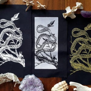 Sew-on Patch ~ VINE SNAKE~ Punk fashion, Hand printed lightweight cotton ~ White or Gold