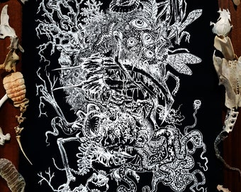 Écusson arrière CHAOS RAMPANT à coudre : blanc, rouge, or ~ Démoniaque, Occulte, Démonologie, Magie du chaos, Tête en métal, Eldrich, Horreur cosmique, Crust Punk