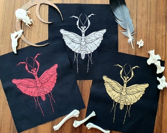 Sew-on Patch ~ PRAYING MANTIS ~ Punk fashion, Hand printed lightweight cotton ~ White, Red or Gold