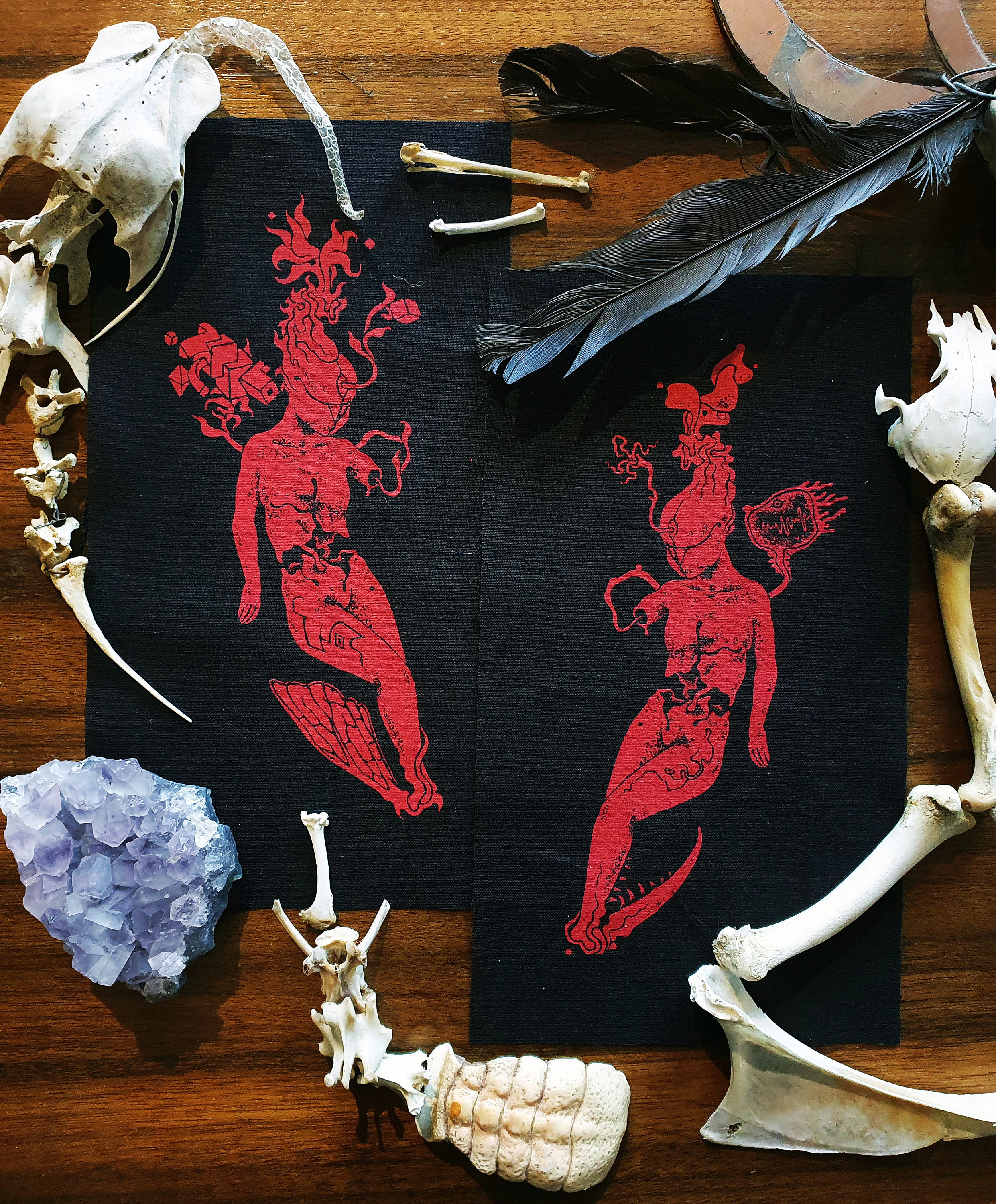 Sew-on Patch ~ DEMON TWINS ~ Punk fashion, Hand printed lightweight cotton ~ Red version