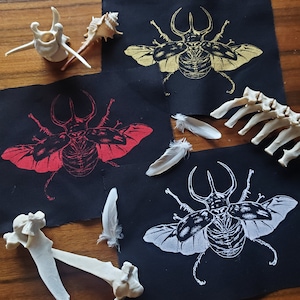 Sew-on Patch ~ RHINO BEETLE ~ Punk fashion, Hand printed lightweight cotton ~ White, Red or Gold