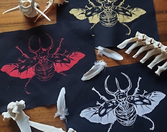 Sew-on Patch ~ RHINO BEETLE ~ Punk fashion, Hand printed lightweight cotton ~ White, Red or Gold