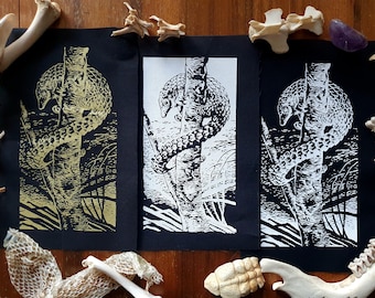 Sew-on Patch ~ PANGOLIN lino-cut print ~ Punk fashion, Hand printed lightweight cotton ~ White or Gold