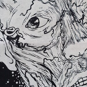 May include: Black and white illustration of a face with a detailed, intricate design. The face has a large eye and a mouth with teeth. The background is black with white dots.