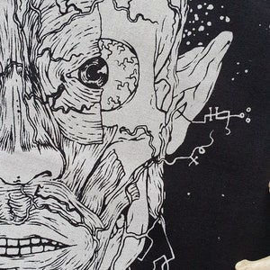May include: Black and white illustration of a face with a large eye and detailed anatomical features. The face is partially obscured by a black background with white dots.