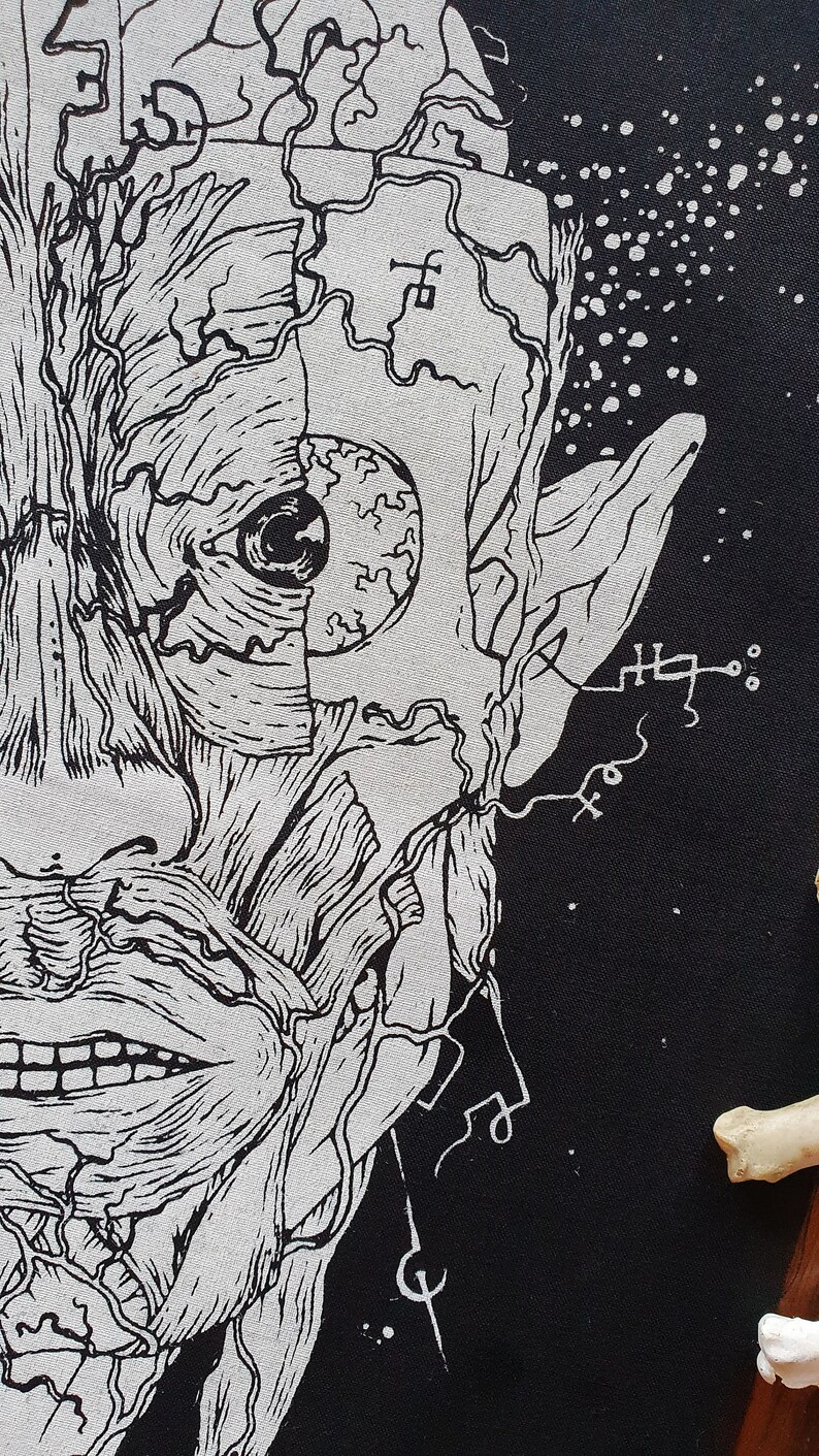 May include: Black and white illustration of a face with a large eye and detailed anatomical features. The face is partially obscured by a black background with white dots.