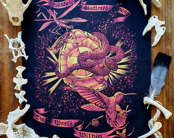The Orphic Egg Shatters ~ Hand-Printed Back Patch in various colours, Occult nature design