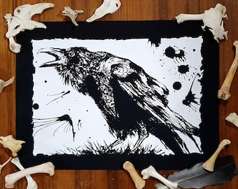 Angenähter Rückenaufnäher ~ CROW CALL ~ Punk fashion, Handbedruckt aus leichter Baumwolle