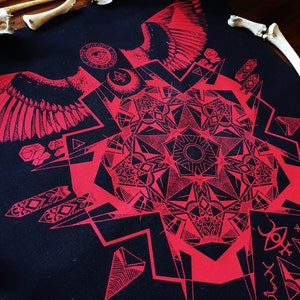 Back-Patch sew-on KINGFISHER MANDALA: White or Red psychedelic,satanic,mandala,bird wings,feathers,techno,occult,raver,alternative,stoner image 6