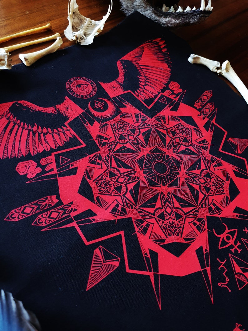 Back-Patch sew-on KINGFISHER MANDALA: White or Red psychedelic,satanic,mandala,bird wings,feathers,techno,occult,raver,alternative,stoner image 6