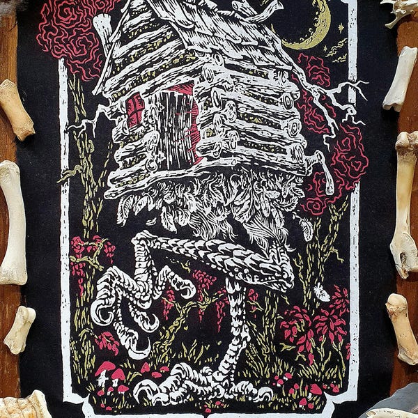 Parche trasero para coser ~ BABA YAGA ~ Moda punk, algodón ligero estampado a mano ~ Rojo, morado o azul