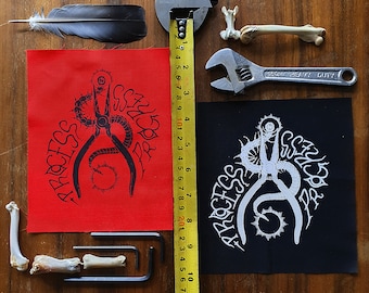 Sew-on Patch ~ PLIERS of PROGRESS ~ Punk fashion, Hand printed lightweight cotton ~ Black or Red
