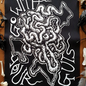 Back Patch sew-on Go WiTH YoUR GUTS: White, Red, Gold - Horror Crust Punk,Death Metal,Occult,Wicca,Headbanger,Taxidermy,Gore,Demonic,Gothic