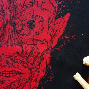 May include: Red anatomical illustration of a human face with a large eye and exposed veins on a black background.
