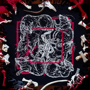 Puede incluir: Un textil cuadrado negro con un borde rojo e ilustraciones blancas de ratas y una masa de tentáculos. Alrededor del textil hay huesos y fragmentos de huesos pintados de rojo. Las ratas tienen ojos rojos.