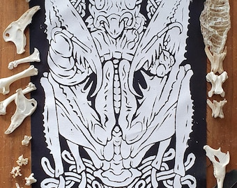 Sew-on Back-Patch ~ MANTIS GUARDIAN ~ Punk fashion, Hand printed lightweight cotton ~ 6 color options!