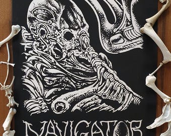 sew-on Back-Patch ~ ALIEN, NAVIGATOR ~ Punk fashion, Hand printed lightweight cotton