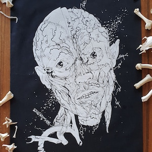 May include: A black and white illustration of a human face with the muscles and nerves of the face exposed. The illustration is on a black background.