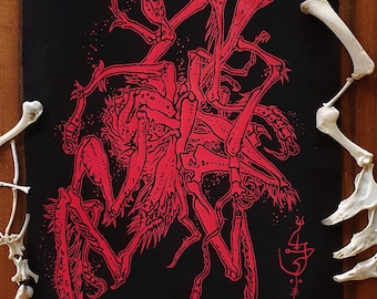 Creeping Demon Back Patch, Hand Printed Cotton. Sew-on Punk/Goth Fashion