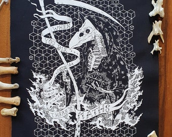 Sew-on Back-Patch ~ "When You DIE There's MATHS" Fantasy reaper design ~ White or Gold versions
